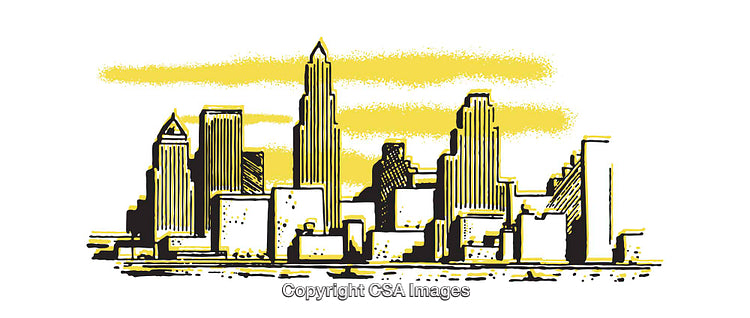 Illustrated Urban Skyline with Yellow Accents and Modern Architecture