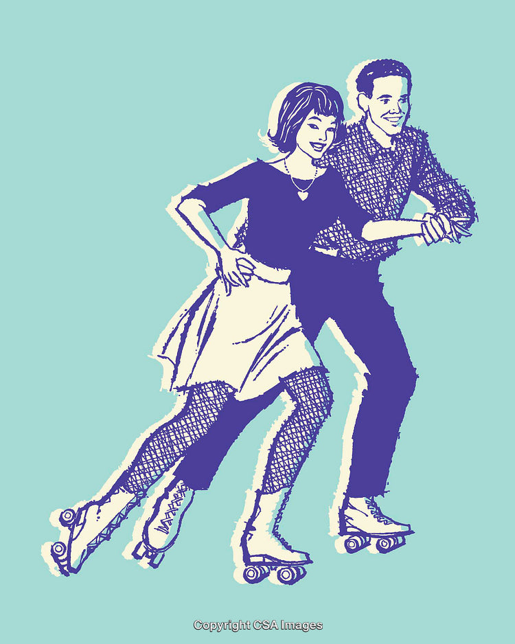 Retro-Styled Couple Roller Skating in Fun and Energetic Line Art Illustration
