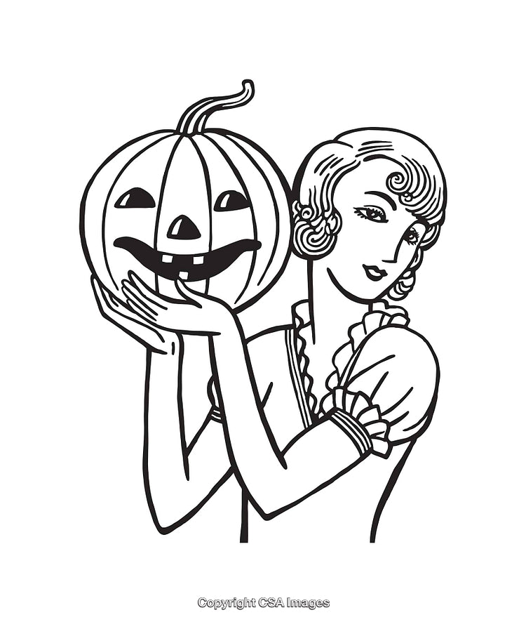 Vintage Style Woman Holding Smiling Pumpkin in Line Art Illustration