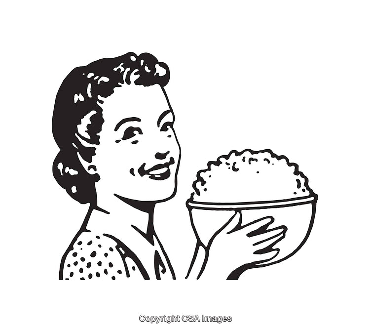 Vintage Line Art of a Smiling Woman Holding a Bowl of Food