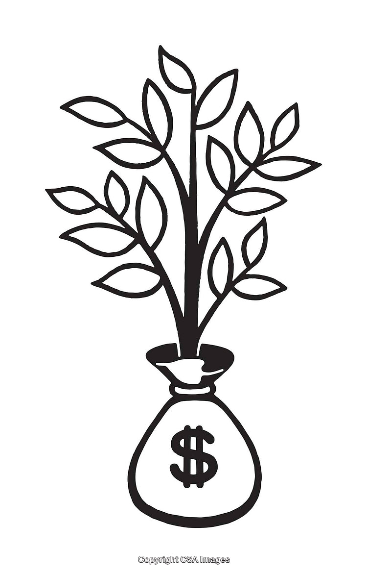 Black and White Illustration of a Money Tree Growing from a Bag