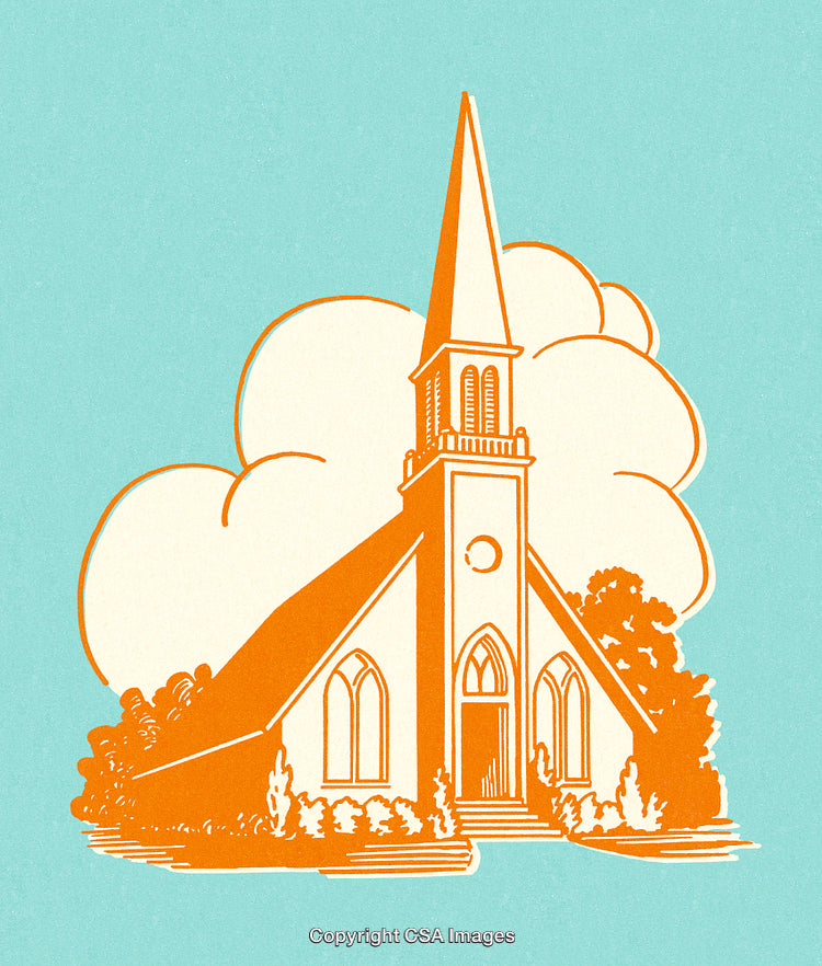 Elegant Vintage Illustration of a Church with a Spire in a Minimalist Style