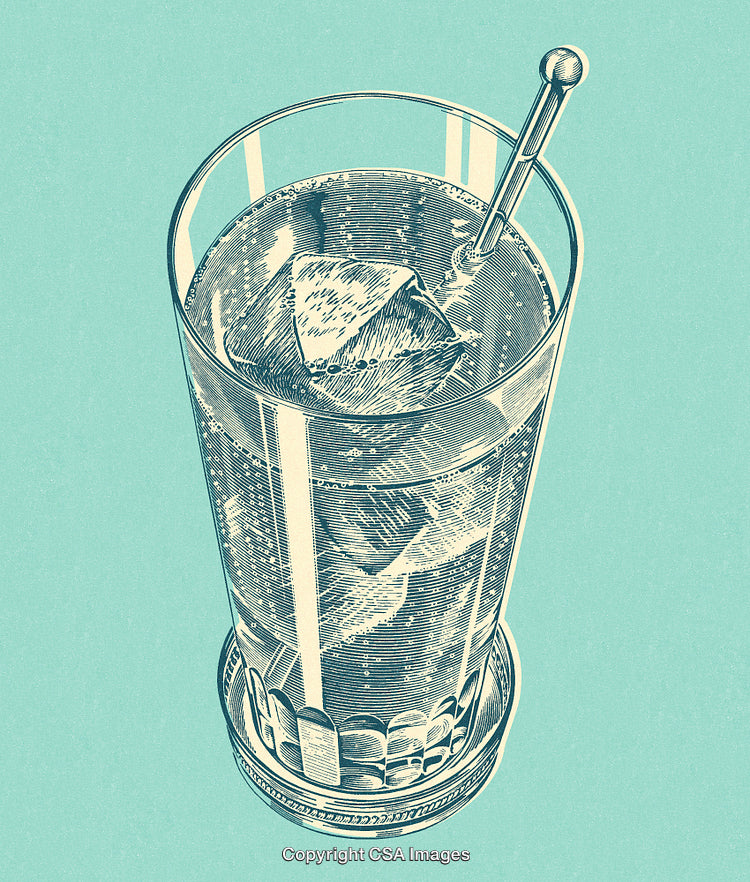 Detailed Illustration of a Beverage in a Glass With Ice Cubes and Stirrer