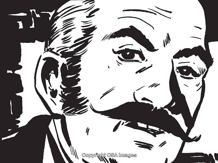 Black and White Illustration of a Man with a Mustache in Portrait Style