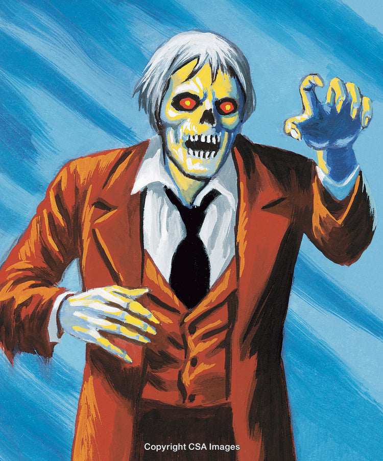 Undead Zombie in Formal Attire Reaching Out Against Dramatic Blue Background