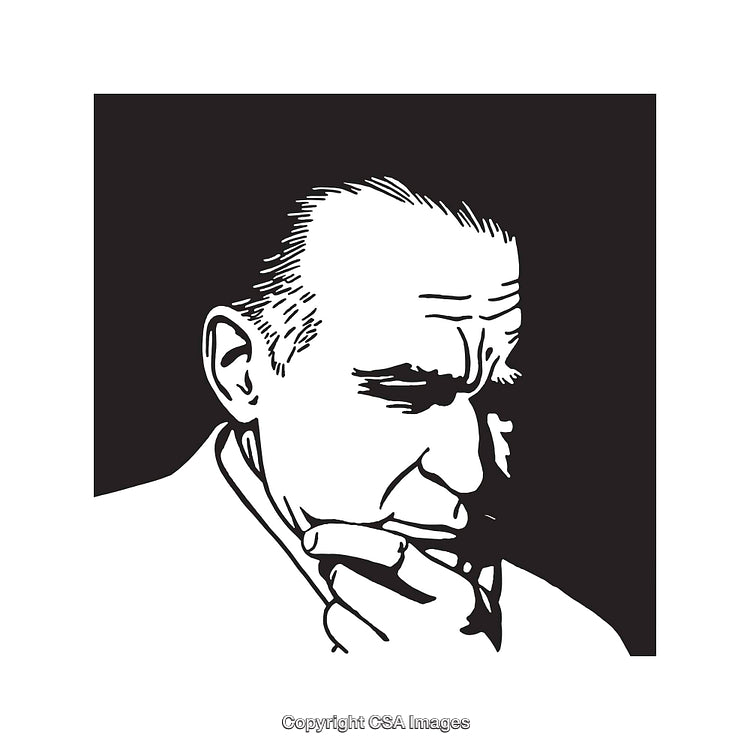 Black and White Illustration of a Thinking Person in Contemplation