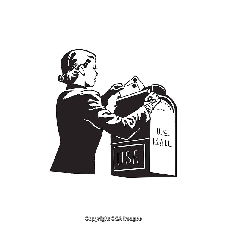Vintage Illustration of Woman Mailing Letters at a US Mailbox