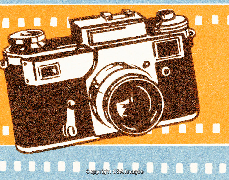 Retro Illustration of Vintage Camera on Filmstrip Background