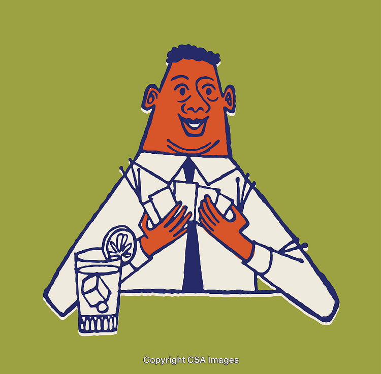 Colorful Illustration of a Cheerful Man Holding Playing Cards at a Table