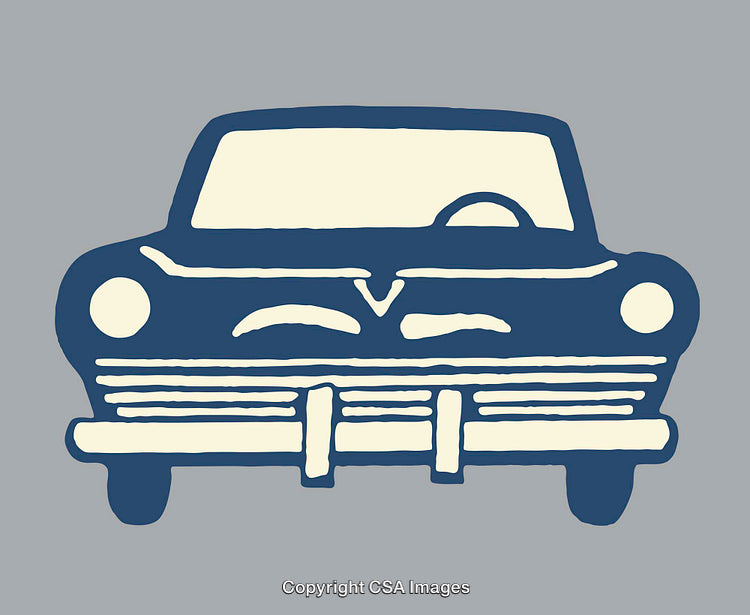 Vintage Car Line Art Illustration in Blue and Cream Tones on Gray Background