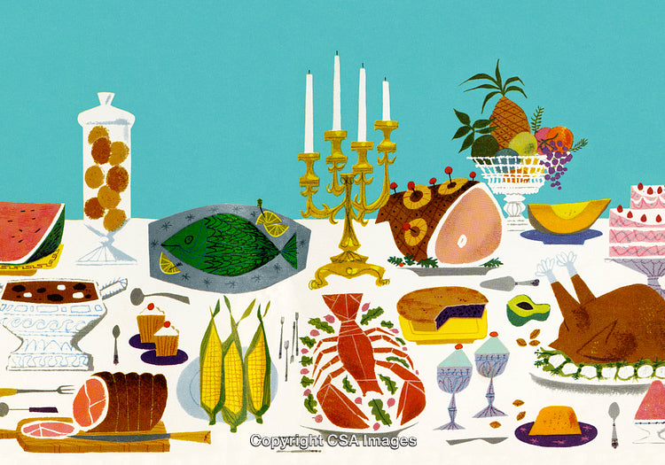 Lavish Feast Display with Candles, Fruit, Meats, and Desserts on Table