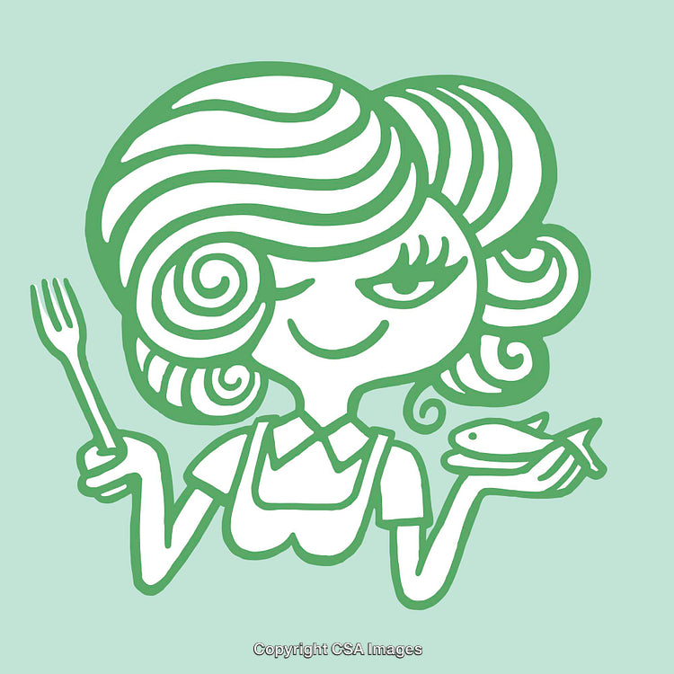 Playful Line Art Illustration of a Content Woman Holding a Fork and Fish