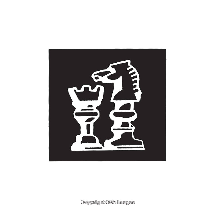 Black and White Illustration of Chess Knight and Rook Pieces