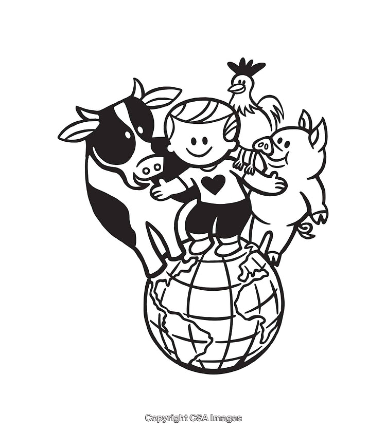 Black and White Line Art of Child with Animals on Globe