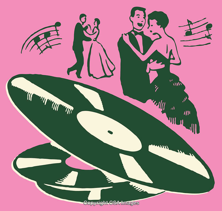 Romantic Ballroom Dance Scene With Vinyl Records in Retro Style