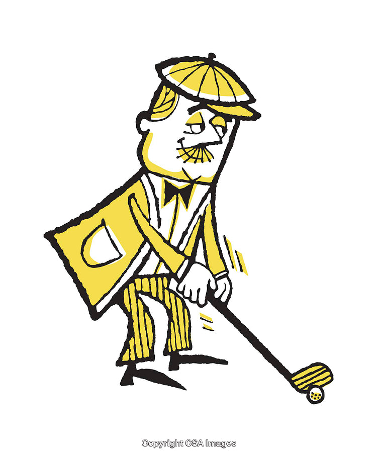 Cartoon Illustration of Man Playing Golf in Vintage Attire