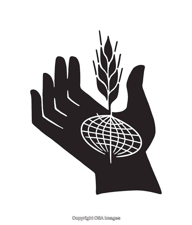 Black and White Illustration of Hand Holding Grain and Globe Symbol