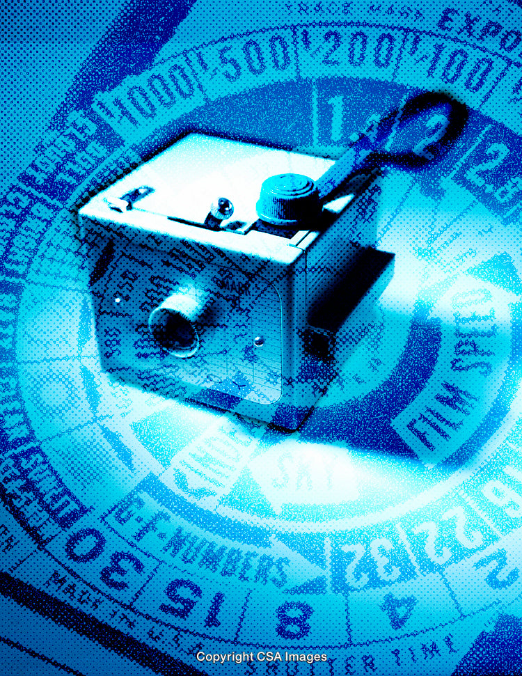 Abstract Blue Toned Image Featuring Camera and Exposure Dial Elements