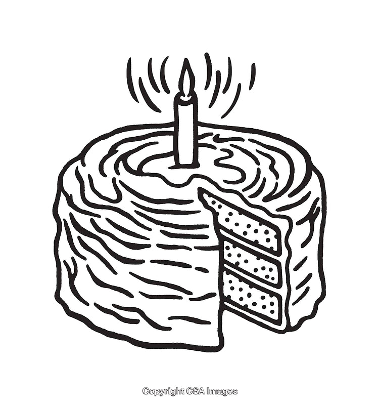 Black And White Illustration of a Birthday Cake with Slice and Candle