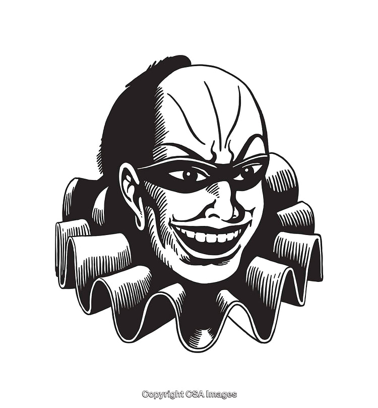 Black and White Illustration of a Smiling Clown Face in Vintage Style