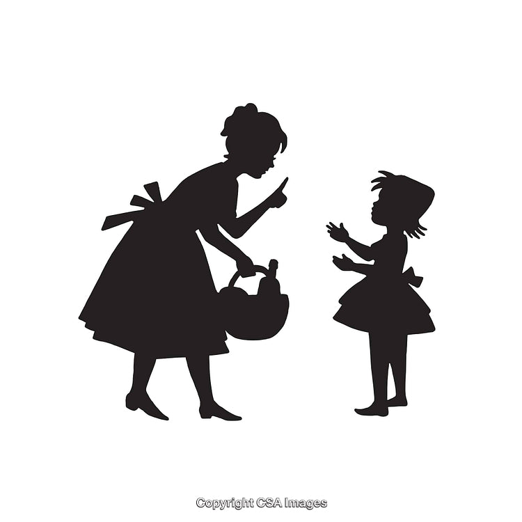 Black and White Retro Silhouette of Woman Scolding Child with Basket