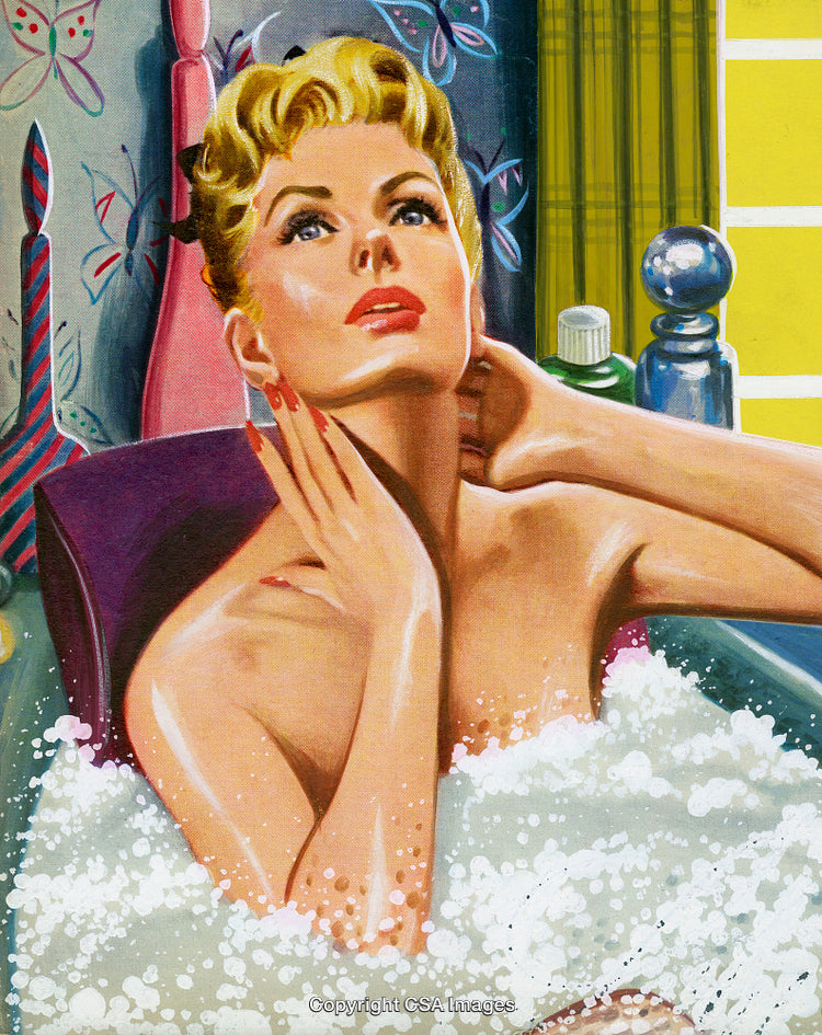 Retro Illustration of Relaxed Woman in Bathtub with Vibrant Background