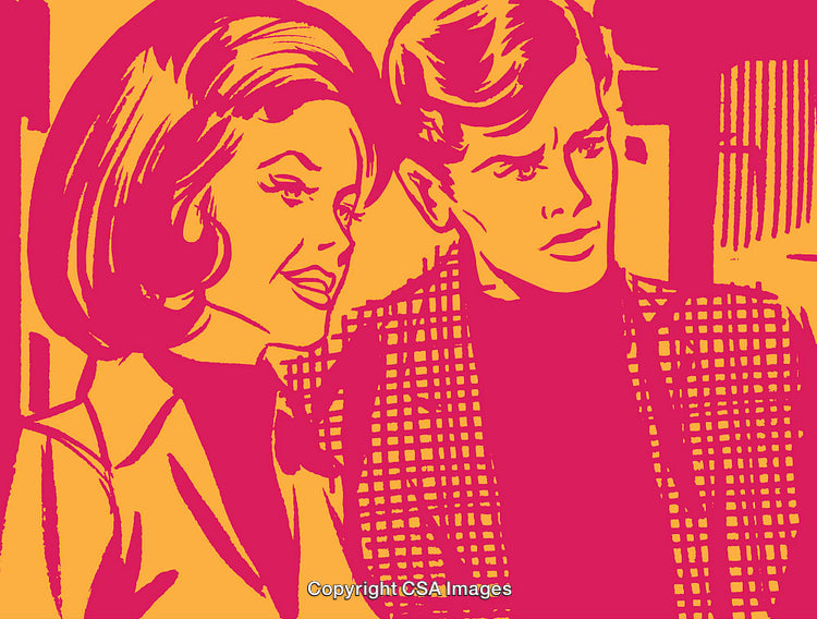 Colorful Vintage Pop Art Illustration of Two Stylish Retro Characters