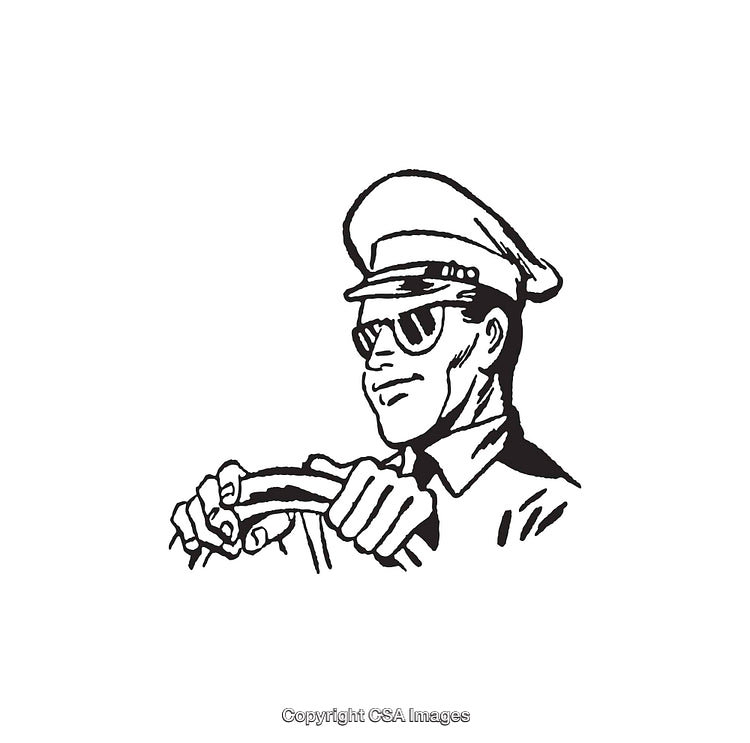 Black and White Illustration of a Driver in Uniform at the Wheel
