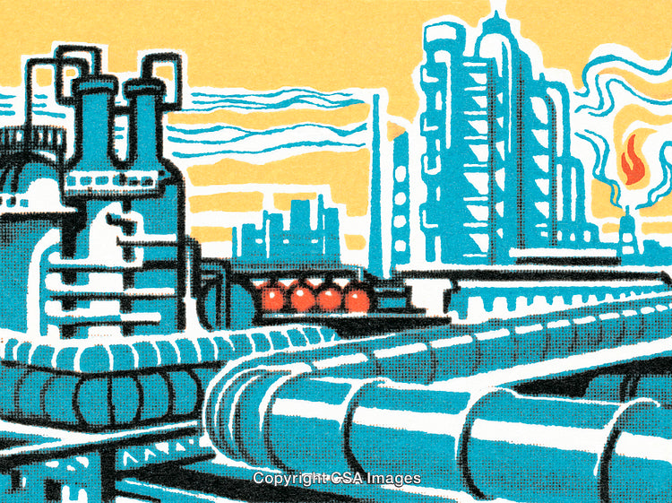 Stylized Graphic Depiction of Industrial Refinery With Pipes and Machinery