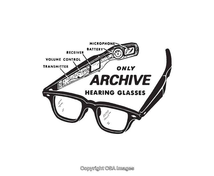 Black and White Illustration of Innovative Hearing Glasses Design Diagram