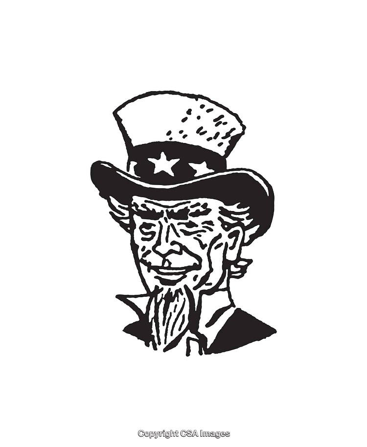 Black and White Line Art of a Patriotic Figure with a Star Hat