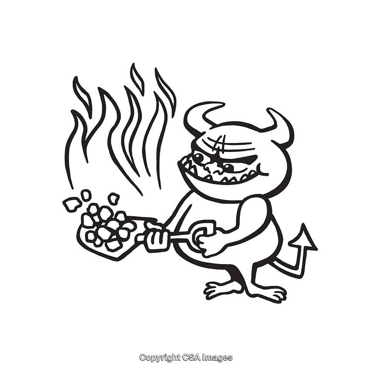 Black and White Illustration of a Devil Shoveling Coals Into Fire