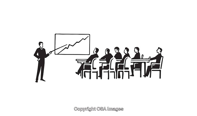 Team Presentation with Graph in Black and White Line Art Illustration