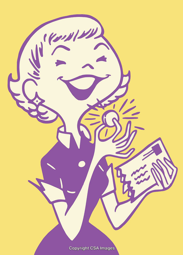 Retro Illustration of Joyful Woman Holding Letter and Engagement Ring