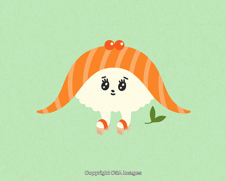 Playful Sushi Character on Green Background with Whimsical Design