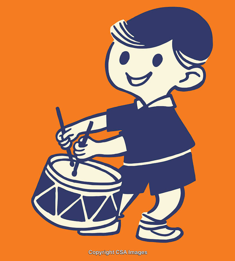 Cheerful Cartoon Child Playing Drum in Colorful Line Art Illustration