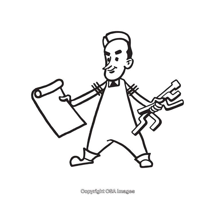 Hand-Drawn Illustration of a Worker with Tools and Blueprint