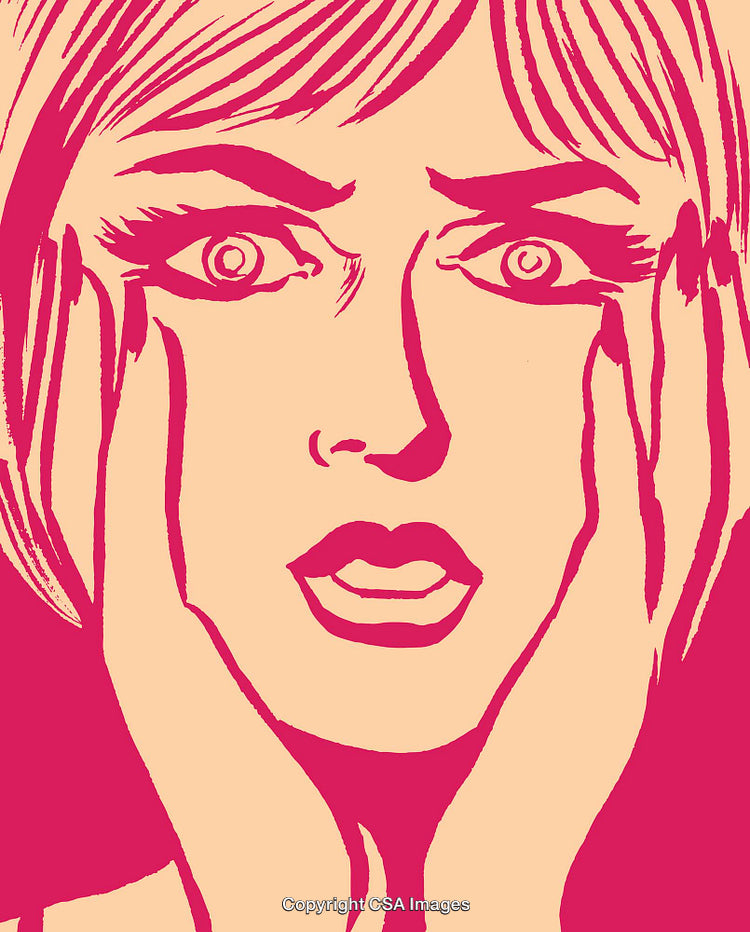 Stylized Pop Art Illustration of a Woman's Surprised Expression in Retro Colors