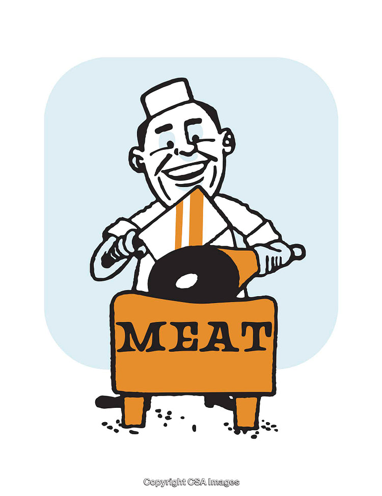 Vintage Cartoon Illustration of a Cheerful Butcher at Work