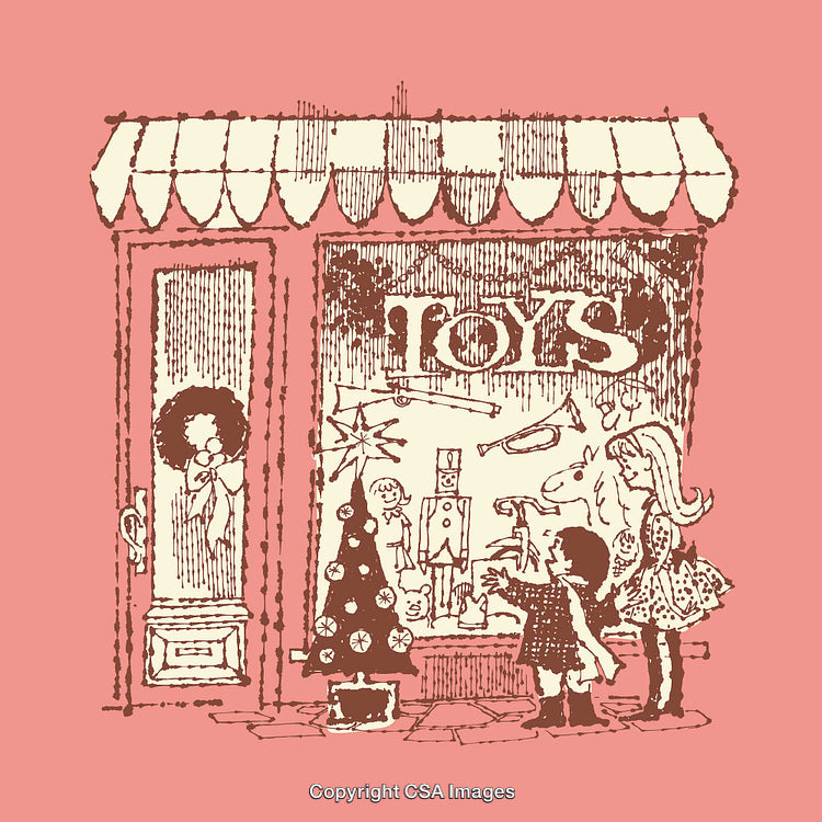 Vintage Illustration of Children Admiring a Christmas Toy Shop Window Display