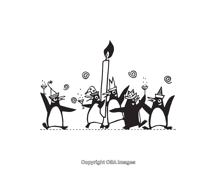 Penguins Celebrating with Hats, Glasses, and a Large Candle in Joyful Atmosphere