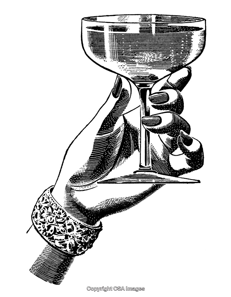 Elegant Vintage Hand Holding Champagne Coup in Engraved Black and White Design