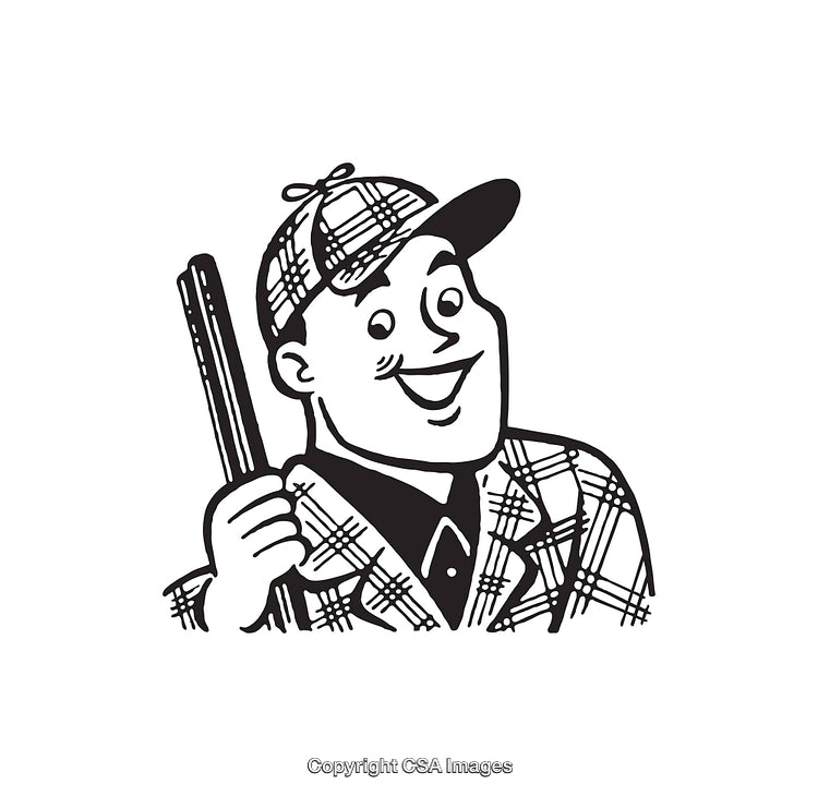 Vintage Illustration of a Smiling Hunter Holding a Rifle