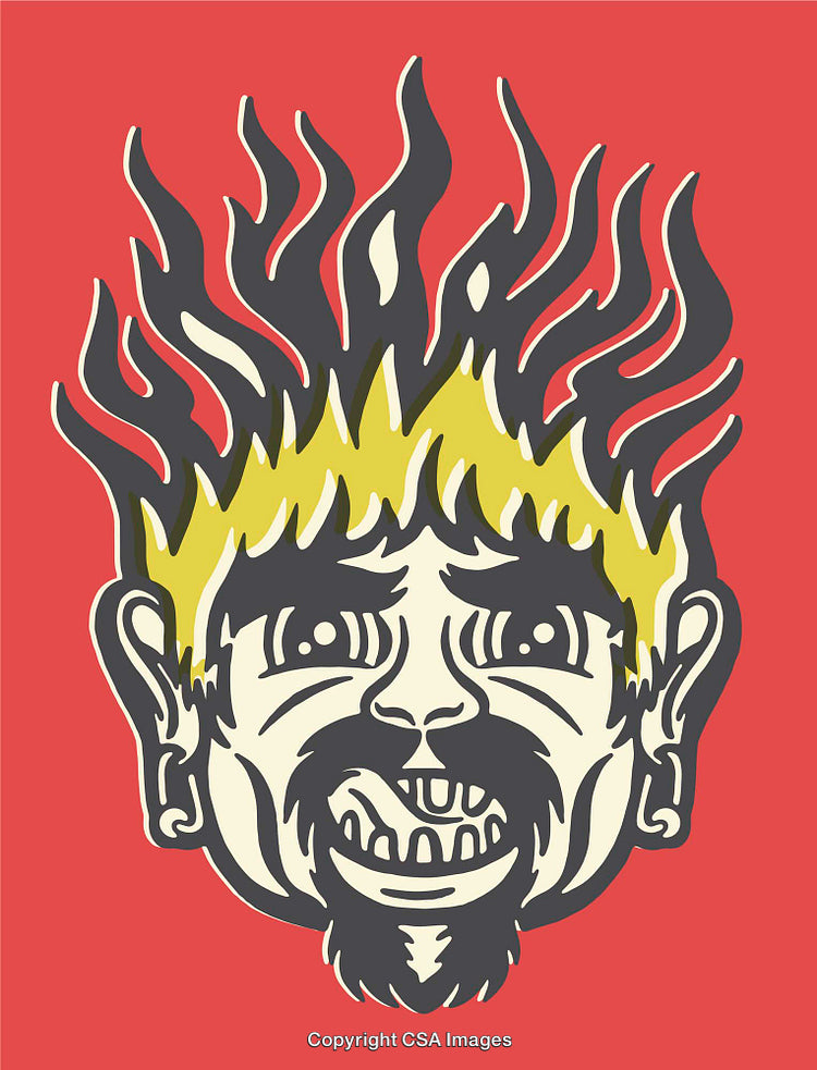 Colorful Line Art Illustration of a Grinning Cartoon Face with Flames