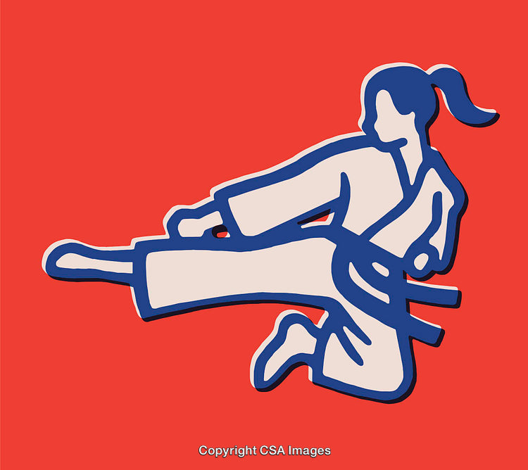 Martial Artist in Dynamic Kick Pose on Bold Red Background
