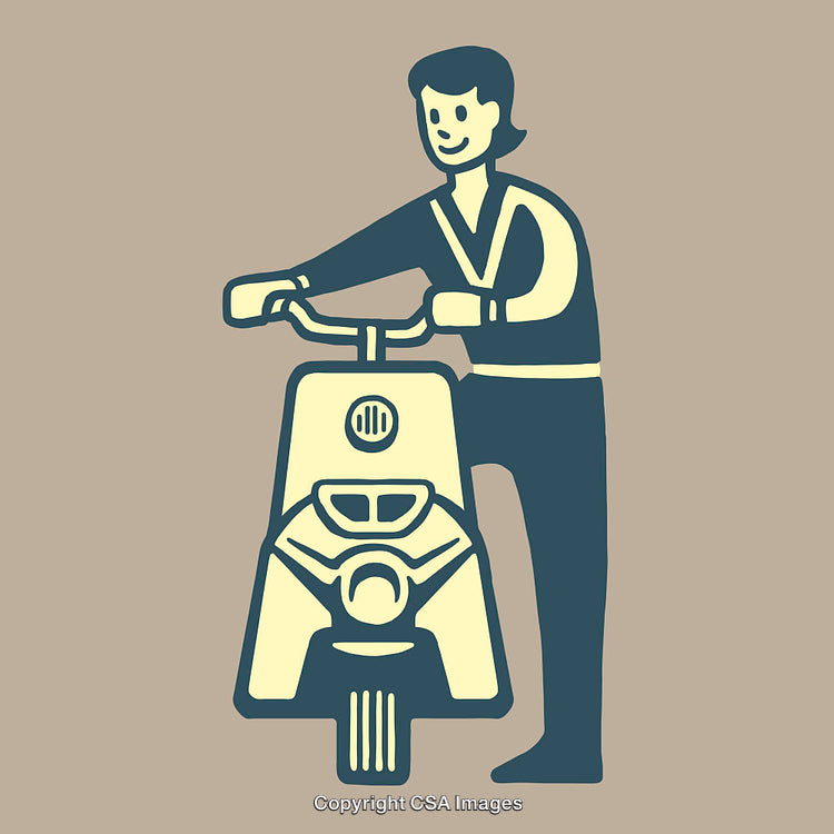 Stylized Illustration of a Person and Motor Scooter in Vintage Colors