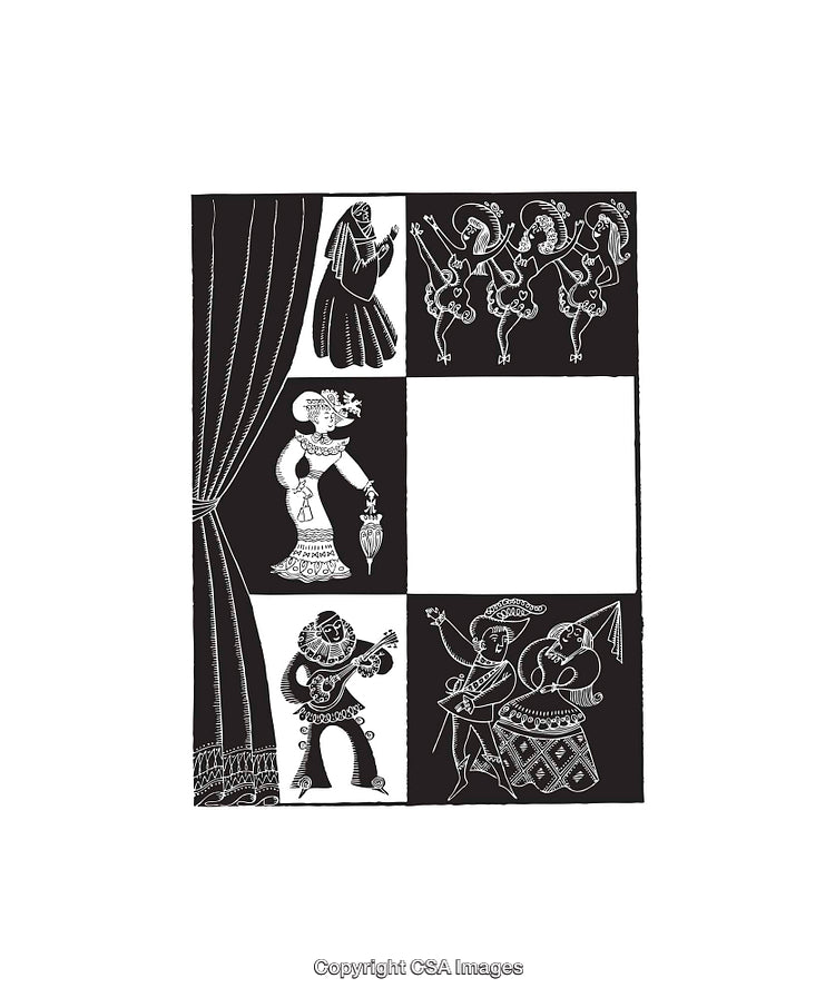Black and White Line Art Illustrations of Characters in Performative Scenes