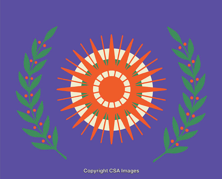 Colorful Sunburst Design with Laurel Branch Accents