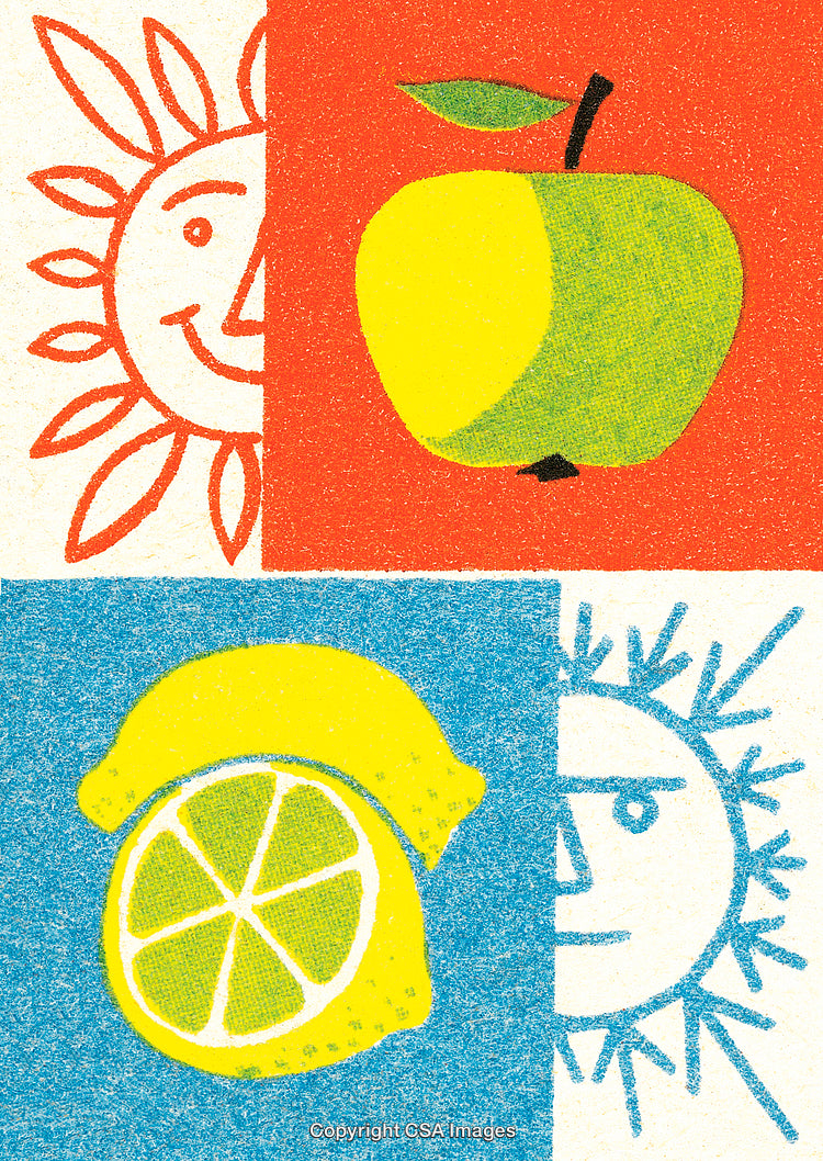 Vibrant Color Illustrations of Sun, Lemon, and Apple in Artful Patterns