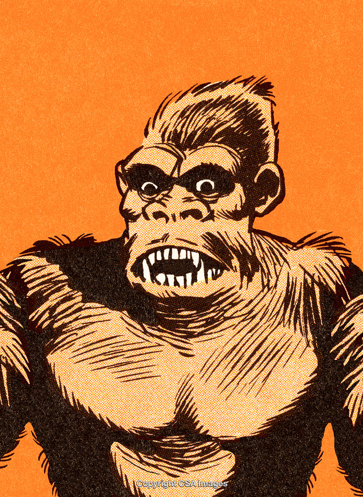 Retro Illustration of a Fierce Gorilla on a Vibrant Orange Background